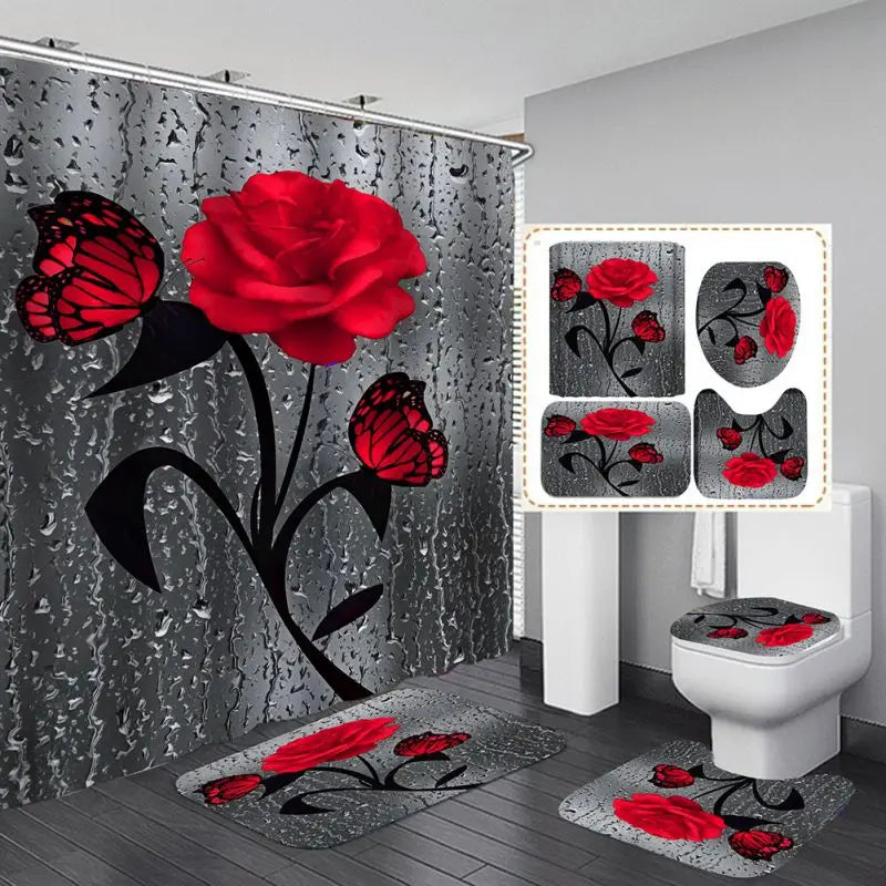 4pcs Set Doormat Shower Curtain