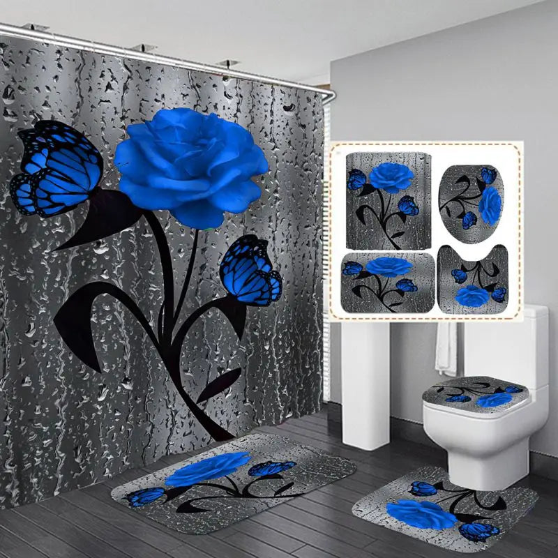 4pcs Set Doormat Shower Curtain
