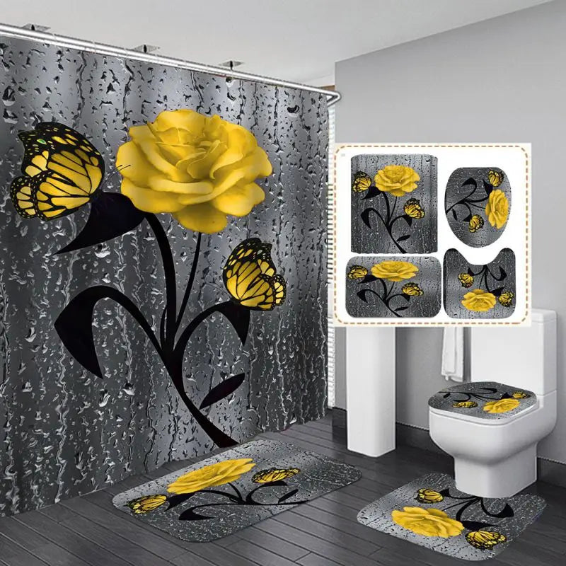 4pcs Set Doormat Shower Curtain
